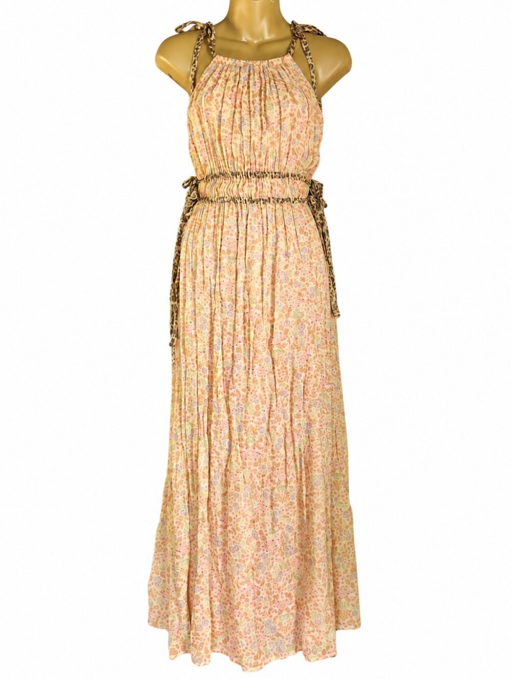 Anthropologie Pink Floral Maxi Dress with Brown Tie Details